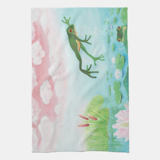 Grüner Frosch springt in die Teichillustration Geschirrtuch (Vertikal)