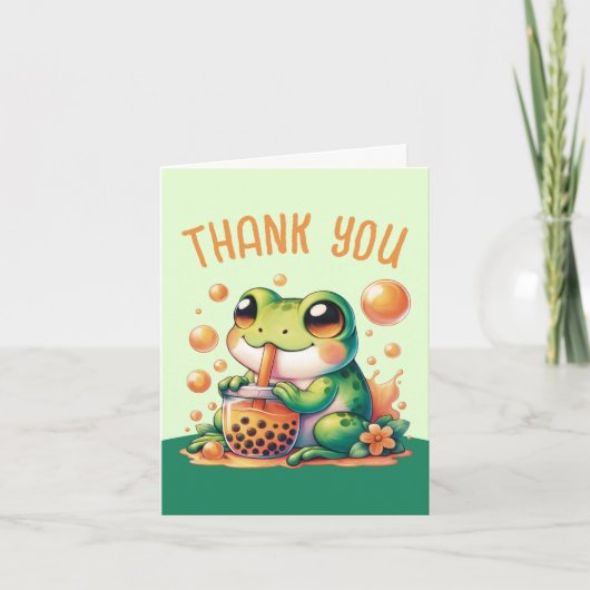 Grüner Frosch trinken Orange Boba Dankeskarte (Vorderseite)