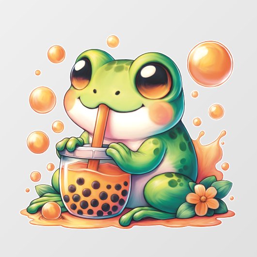 Grüner Frosch trinken Orange Boba Fensteraufkleber (Blatt)