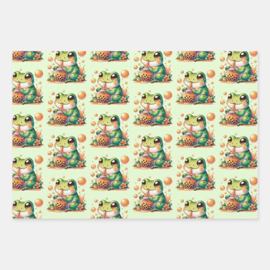 Grüner Frosch trinken Orange Boba Geschenkpapier Set (Vorderseite)