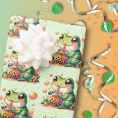 Grüner Frosch trinken Orange Boba Geschenkpapier Set