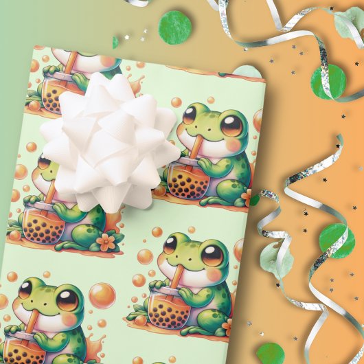 Grüner Frosch trinken Orange Boba Geschenkpapier Set