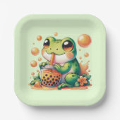 Grüner Frosch trinken Orange Boba Pappteller (Vorderseite)