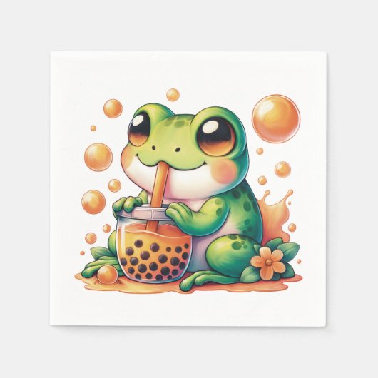 Grüner Frosch trinken Orange Boba Serviette (Vorderseite)