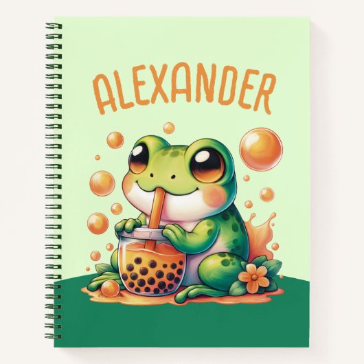 Grüner Frosch trinkt Orange Boba Bubble Tee Notizblock (Vorderseite)