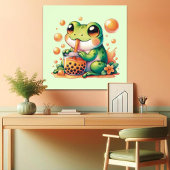 Grüner Frosch trinkt Orange Boba Bubble Tee Poster