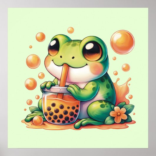 Grüner Frosch trinkt Orange Boba Bubble Tee Poster (Vorne)