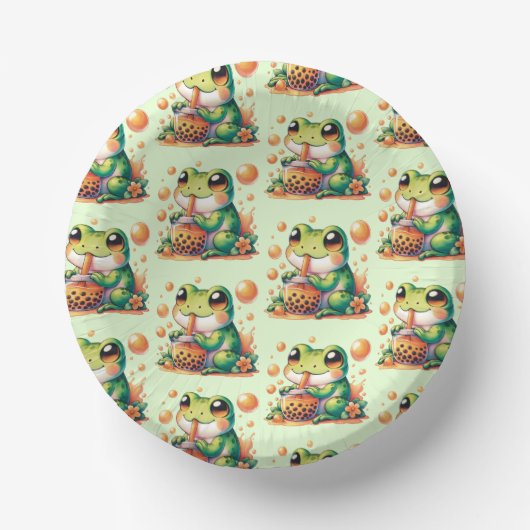 Grüner Frosch trinkt Orange Boba Muster Pappteller (Vorderseite)