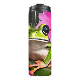 Grüner Frosch umgeben von rosa Blume Thermosbecher