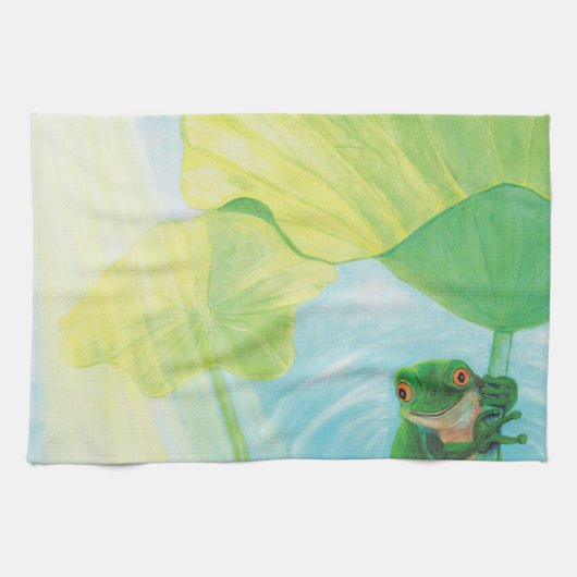 Grüner Frosch unter Lily Pad Geschirrtuch (Horizontal)