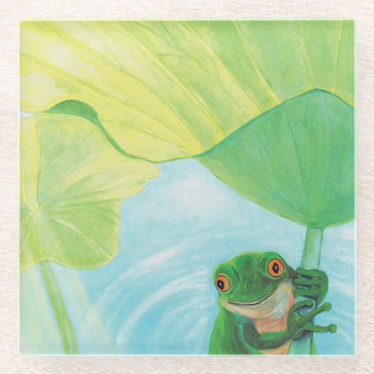 Grüner Frosch unter Lily Pad Glasuntersetzer (Vorderseite)