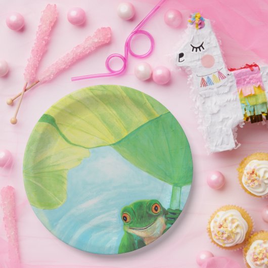 Grüner Frosch unter Lily Pad Pappteller (Party)