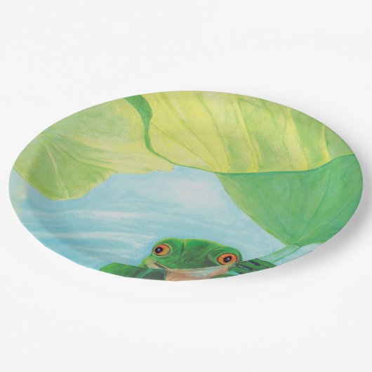 Grüner Frosch unter Lily Pad Pappteller (Schrägansicht)