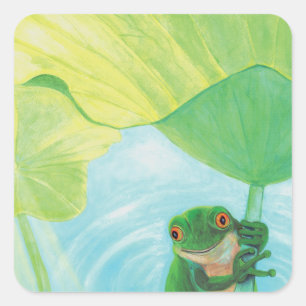 Grüner Frosch unter Lily Pad Quadratischer Aufkleber