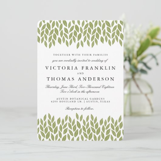 Grüner Garten verlässt Hochzeits-Einladung Einladung (Stehend Vorderseite)