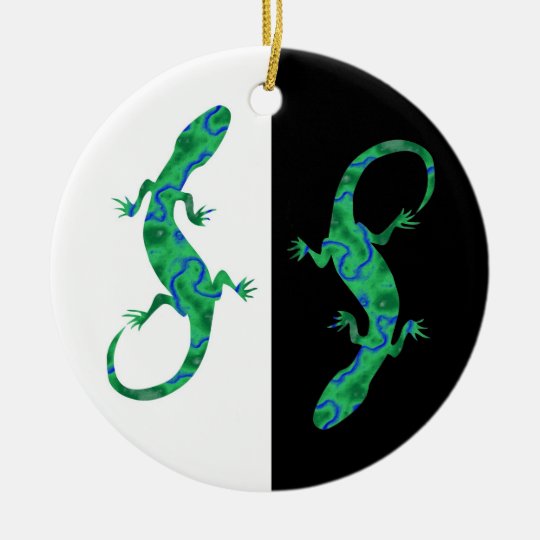 Grüner Gecko ArtDeco black and white design Rundes Keramik Ornament