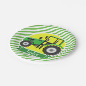 Grüner, gelber Bauerntraktor; grün und weiß Pappteller (Schrägansicht)