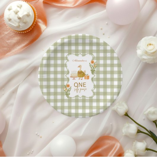 Grüner Gingham Alberner Gans 1. Geburtstag Pappteller