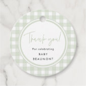 Grüner Gingham-Babyshower-Geschenkanhänger Geschenkanhänger (Vorderseite)