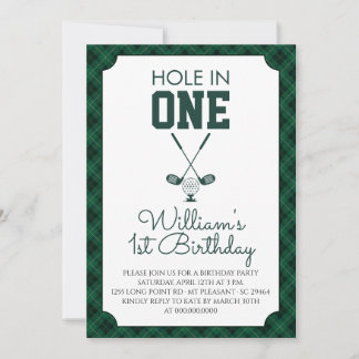 Grüner Gingham-Golf 1. Geburtstag Einladung
