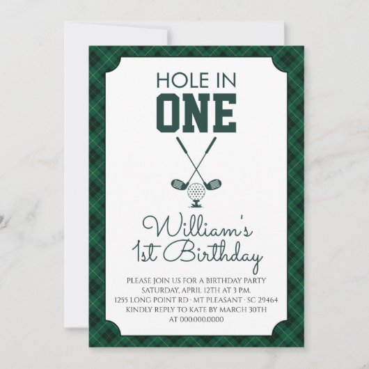 Grüner Gingham-Golf 1. Geburtstag Einladung (Vorderseite)