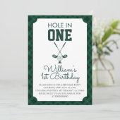 Grüner Gingham-Golf 1. Geburtstag Einladung (Stehend Vorderseite)