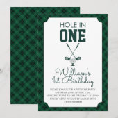 Grüner Gingham-Golf 1. Geburtstag Einladung (Vorne/Hinten)