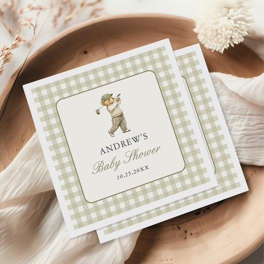 Grüner Gingham-Golf-Junge-Baby-Party Serviette