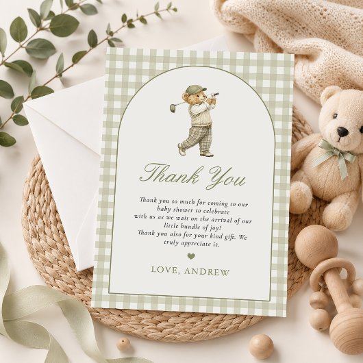 Grüner Gingham-Golf-Junge-Baby-Shower Dankeskarte