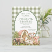 Grüner Gingham-Jungen-Stallparty-Tier Einladung (Stehend Vorderseite)
