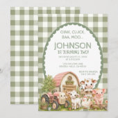 Grüner Gingham-Jungen-Stallparty-Tier Einladung (Vorne/Hinten)