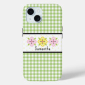 Grüner Gingham-Karo-Blumen-Monogramm Case-Mate iPhone Hülle (Rückseite)