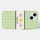 Grüner Gingham-Karo-Blumen-Monogramm Case-Mate iPhone Hülle (Rückseite (Horizontal))