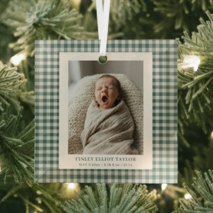 Grüner Gingham-Karo-Neugeborenen-Foto Baby Junge G Ornament Aus Glas