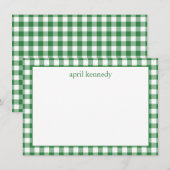 Grüner Gingham Karo personalisierte Flat  Mitteilungskarte (Vorne/Hinten)