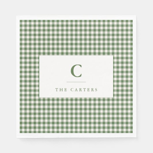 Grüner Gingham-Karofamilienname Monogramm Anfangsb Serviette (Vorderseite)