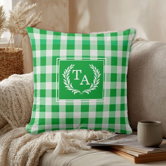 Grüner Gingham-Monogrammwappen Kissen
