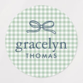 Grüner Gingham-Schleifen-Monogramm Etiketten (Design 1)