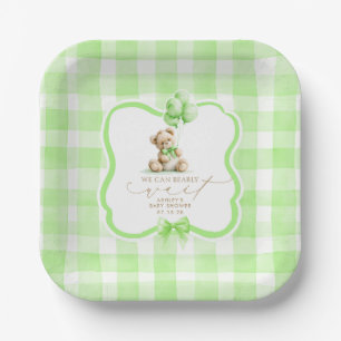 Grüner Gingham-Teddybär-Baby-Party Pappteller