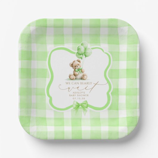 Grüner Gingham-Teddybär-Baby-Party Pappteller (Vorderseite)