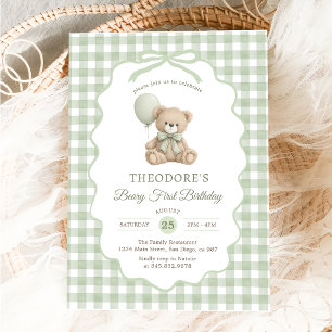 Grüner Gingham-Teddybär-Ballon-Geburtstag Einladung