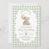 Grüner Gingham-Teddybär-Ballon-Geburtstag Einladung (Vorderseite)