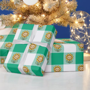 Grüner Gingham und gelbe Sonnenblumen Geschenkpapier