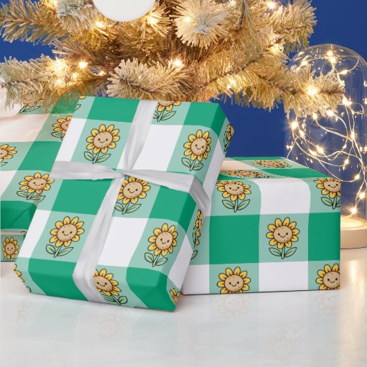 Grüner Gingham und gelbe Sonnenblumen Geschenkpapier (Feiertage)