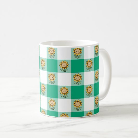 Grüner Gingham und gelbe Sonnenblumen Kaffeetasse (VorderseiteRechts)