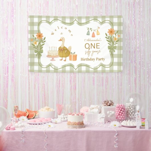 Grüner Gingham Verrückter Gans 1. Geburtstag Banner (Party)
