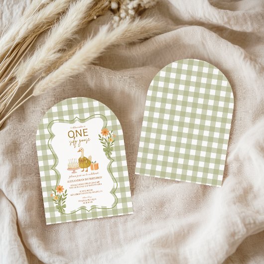 Grüner Gingham Verrückter Gans 1. Geburtstag Einladung