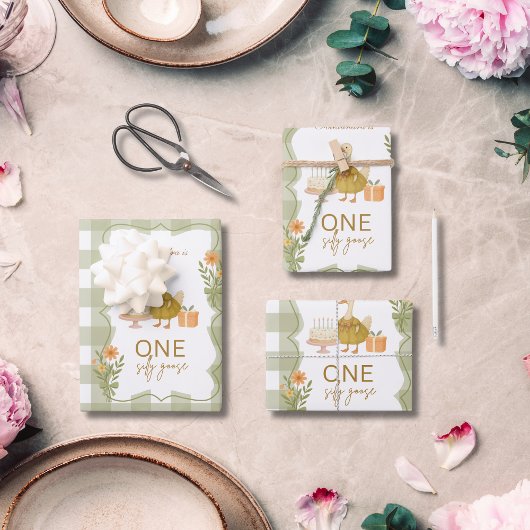 Grüner Gingham Verrückter Gans 1. Geburtstag Geschenkpapier Set