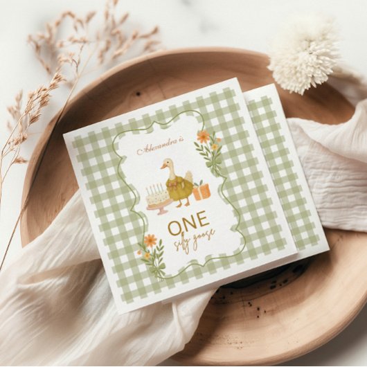 Grüner Gingham Verrückter Gans 1. Geburtstag Serviette