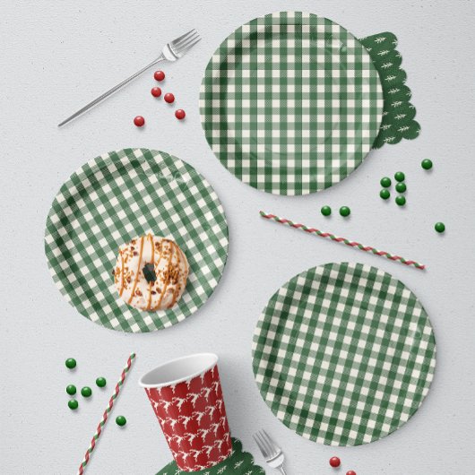 Grüner Gingham-Weihnachten Pappteller